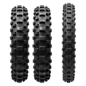 Three off-road dirt bike tires with knobby treads on a white background