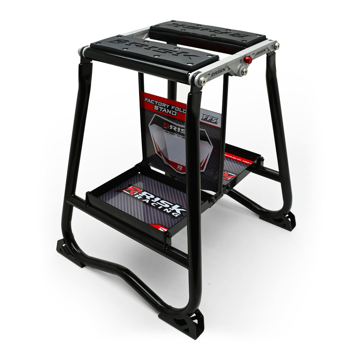 Course à risque F.F.S. Factory Fold Stand, support de motocross en acier noir sur fond blanc