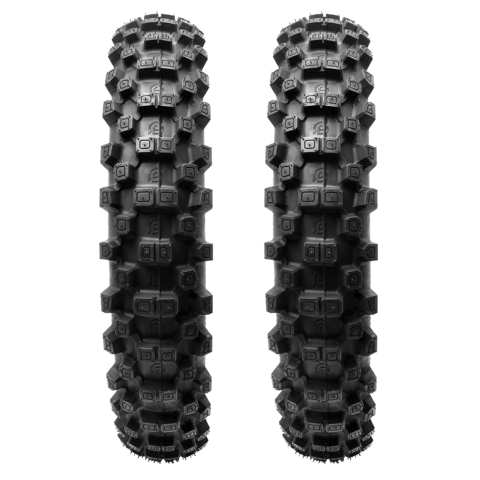 Two Plews off-road dirt bike tires with knobby tread pattern on a white background