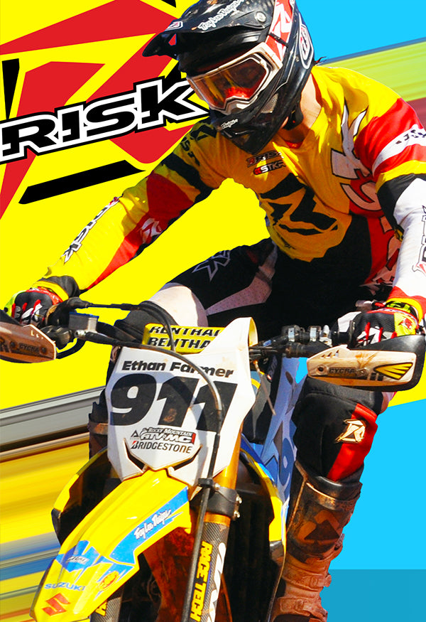 Risk Racing newsletter popup img featuring a motocross racer in Risk Racing V2 Mix N Match Gear